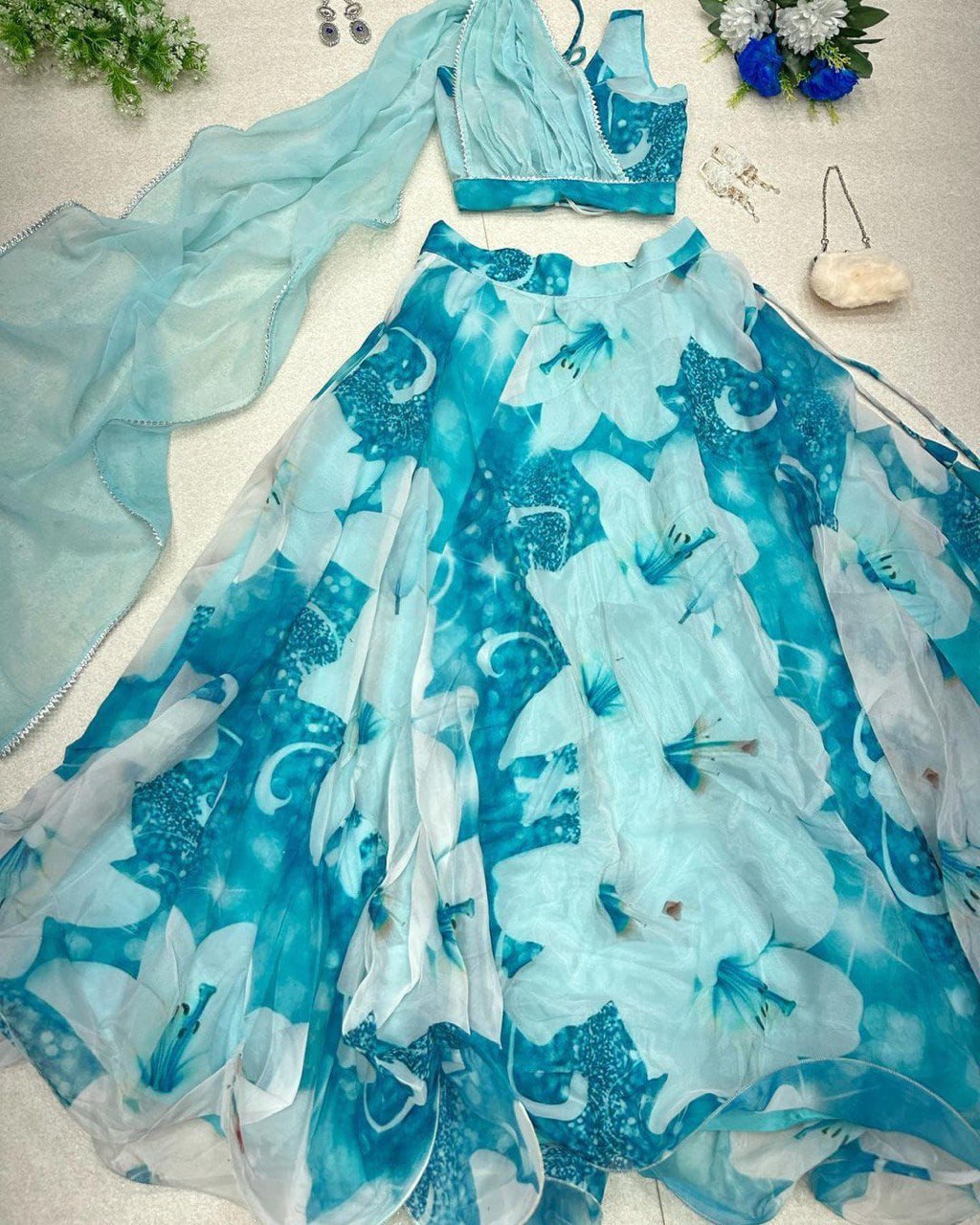 Sky Blue Floral Organza Silk Lehenga Choli Set – Elegant & Festive Wear - Ethnicwish