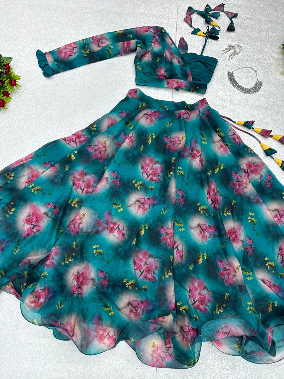 Spectacular Rama Organza Silk Floral Printed Lehenga Choli Set - Ethnicwish