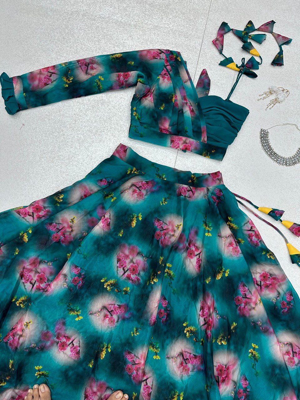 Spectacular Rama Organza Silk Floral Printed Lehenga Choli Set - Ethnicwish