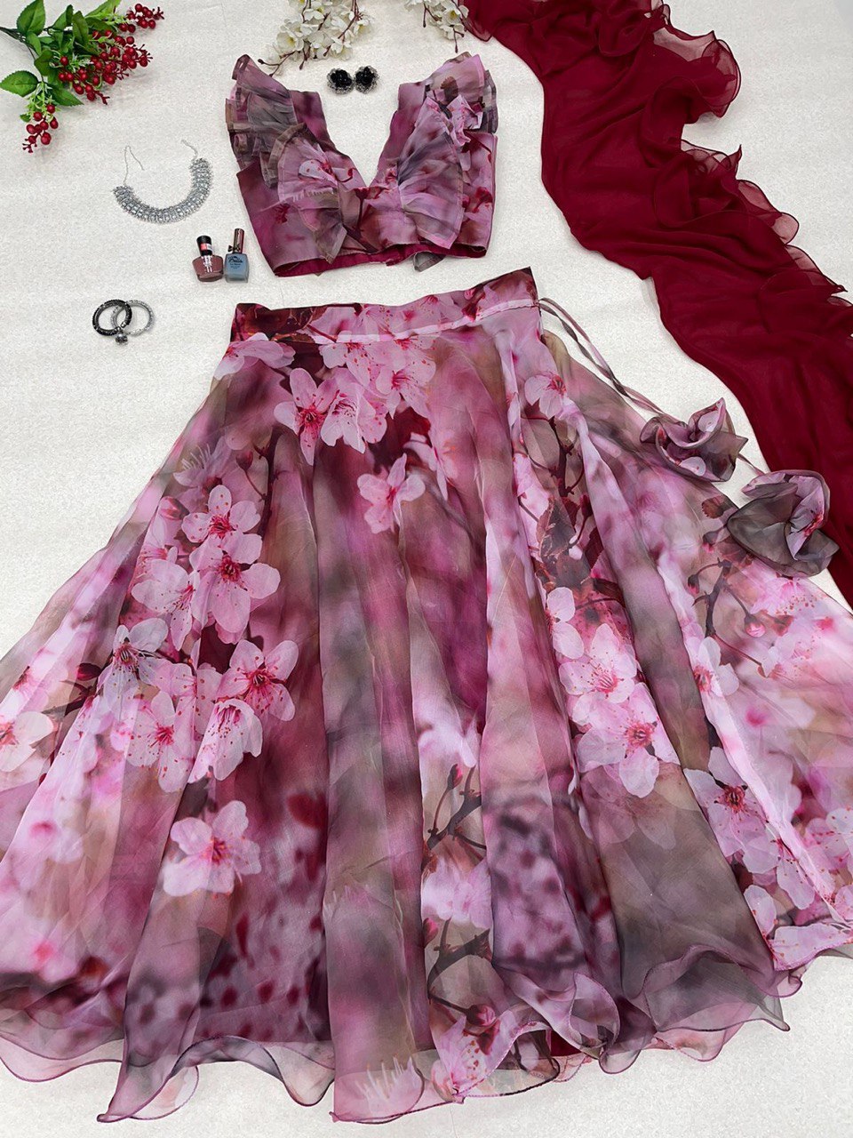 Spellbinding Wine Organza Silk Floral Digital Printed Lehenga Choli - Ethnicwish