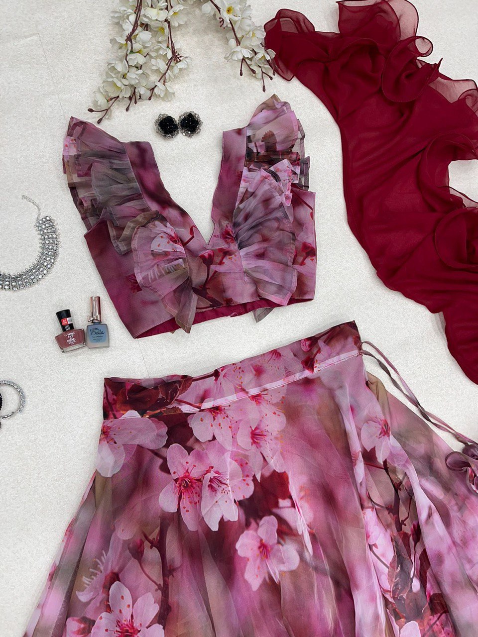 Spellbinding Wine Organza Silk Floral Digital Printed Lehenga Choli - Ethnicwish