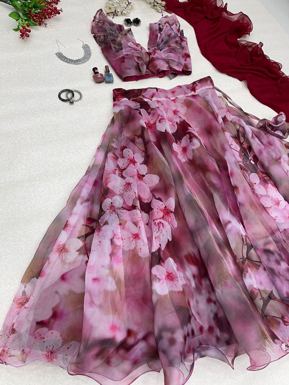 Spellbinding Wine Organza Silk Floral Digital Printed Lehenga Choli - Ethnicwish