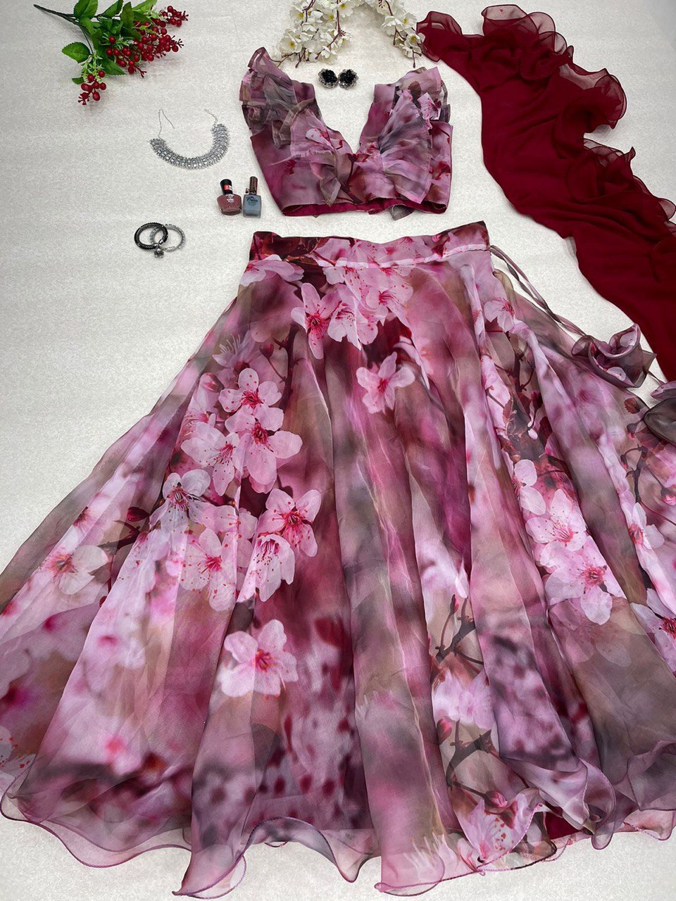 Spellbinding Wine Organza Silk Floral Digital Printed Lehenga Choli - Ethnicwish