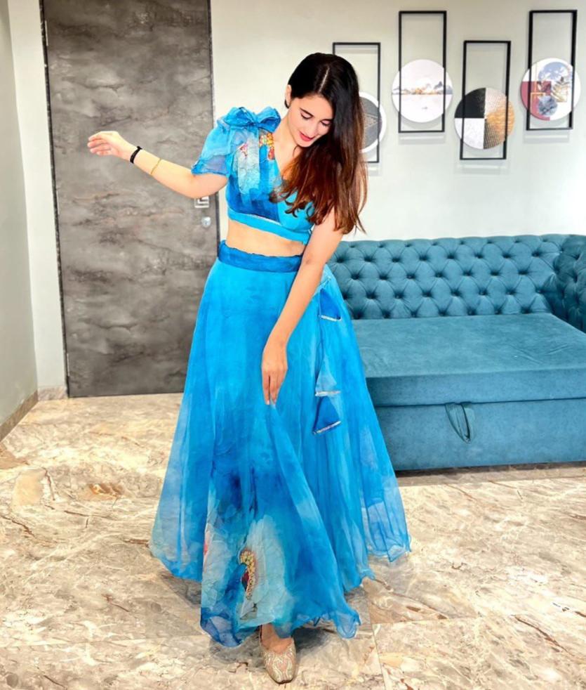 Splendid Sky Blue Floral Organza Silk Lehenga With Stitched Blouse - Ethnicwish