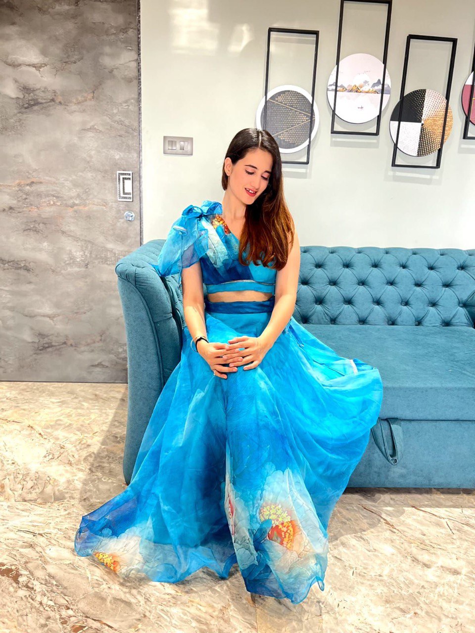 Splendid Sky Blue Floral Organza Silk Lehenga With Stitched Blouse - Ethnicwish