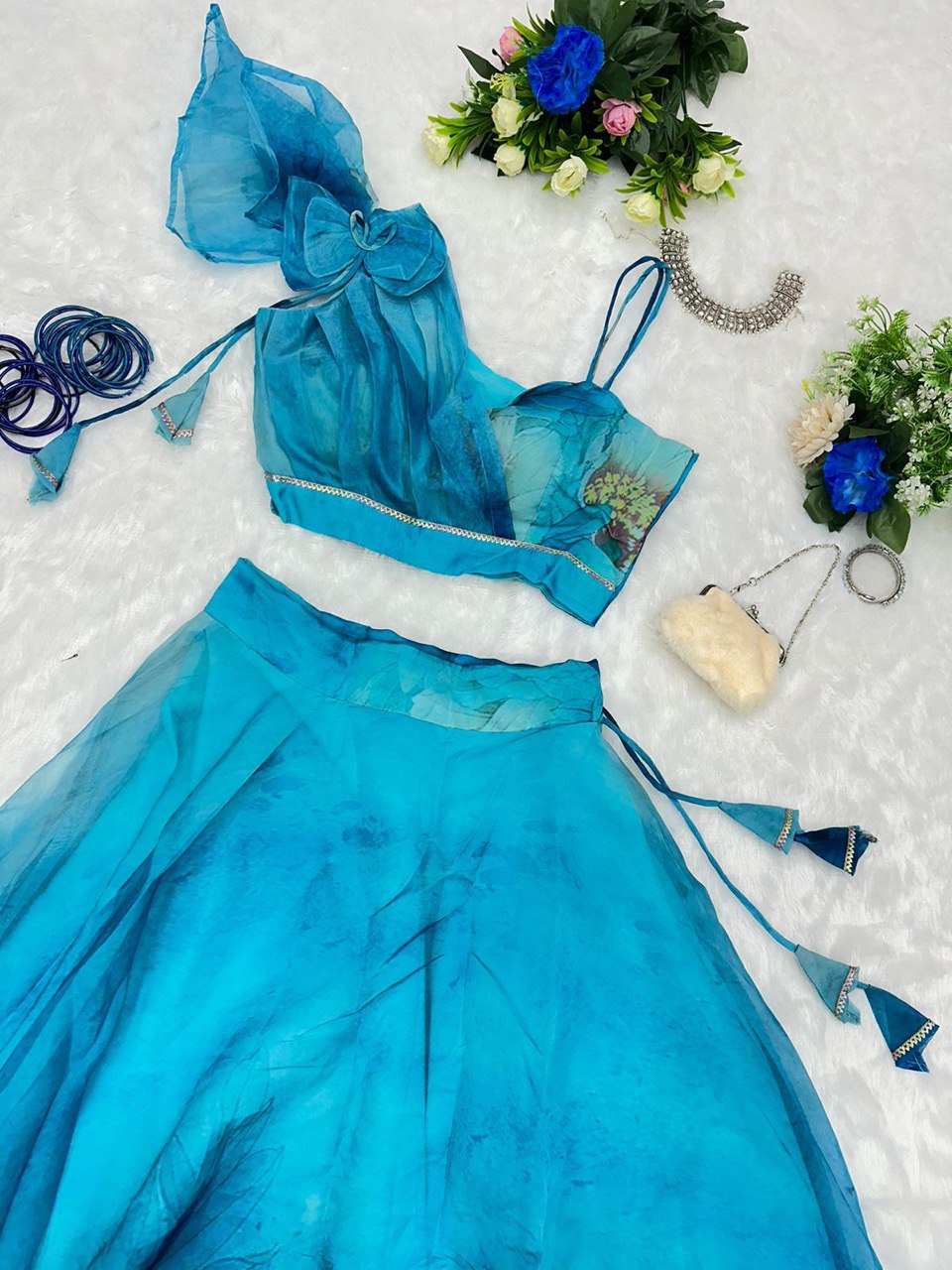 Splendid Sky Blue Floral Organza Silk Lehenga With Stitched Blouse - Ethnicwish