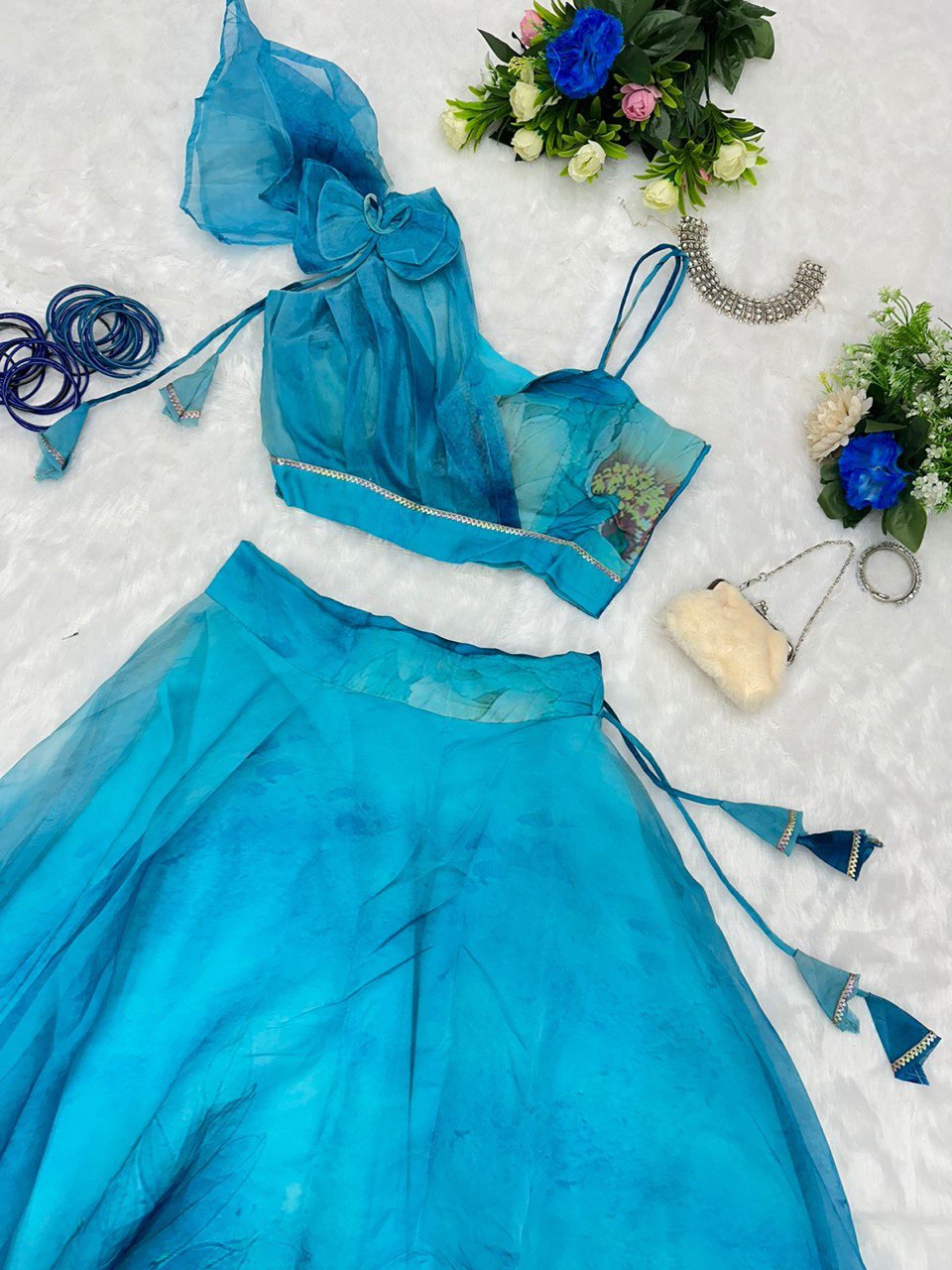 Splendid Sky Blue Floral Organza Silk Lehenga With Stitched Blouse - Ethnicwish