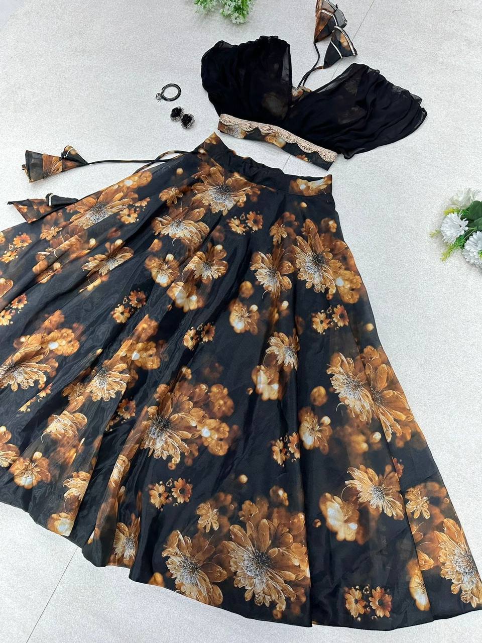 Stunning Black Organza Silk Floral Printed Lehenga Choli Set - Ethnicwish