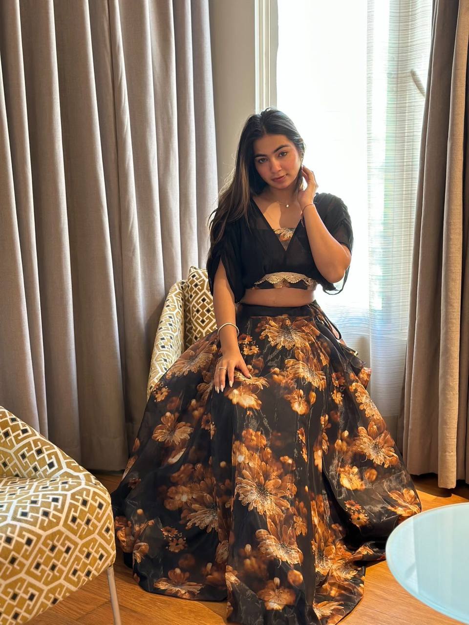 Stunning Black Organza Silk Floral Printed Lehenga Choli Set - Ethnicwish