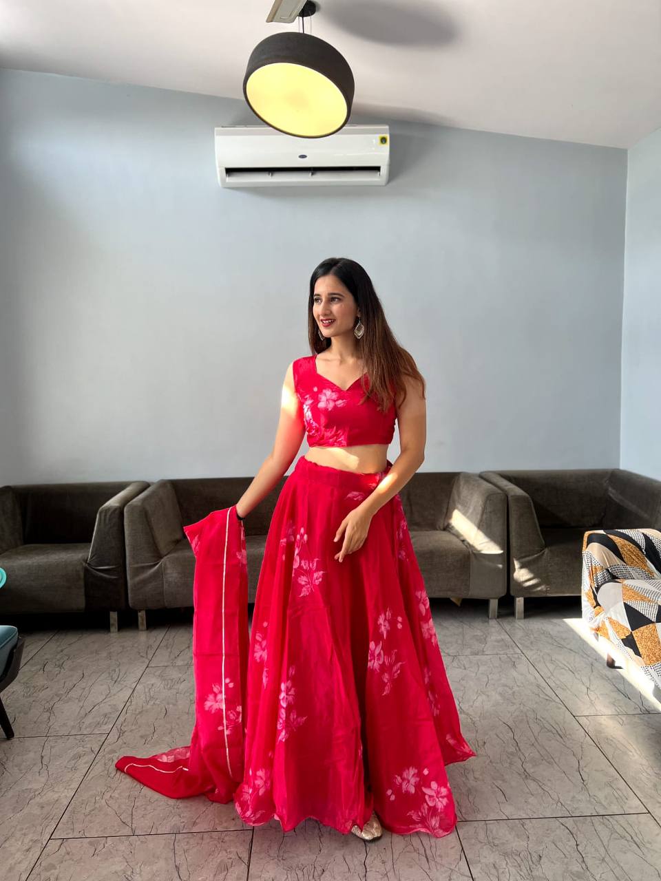 Stylish Floral Organza Silk Fully Stitched Lehenga Choli Set - Ethnicwish