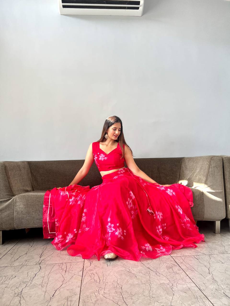 Stylish Floral Organza Silk Fully Stitched Lehenga Choli Set - Ethnicwish