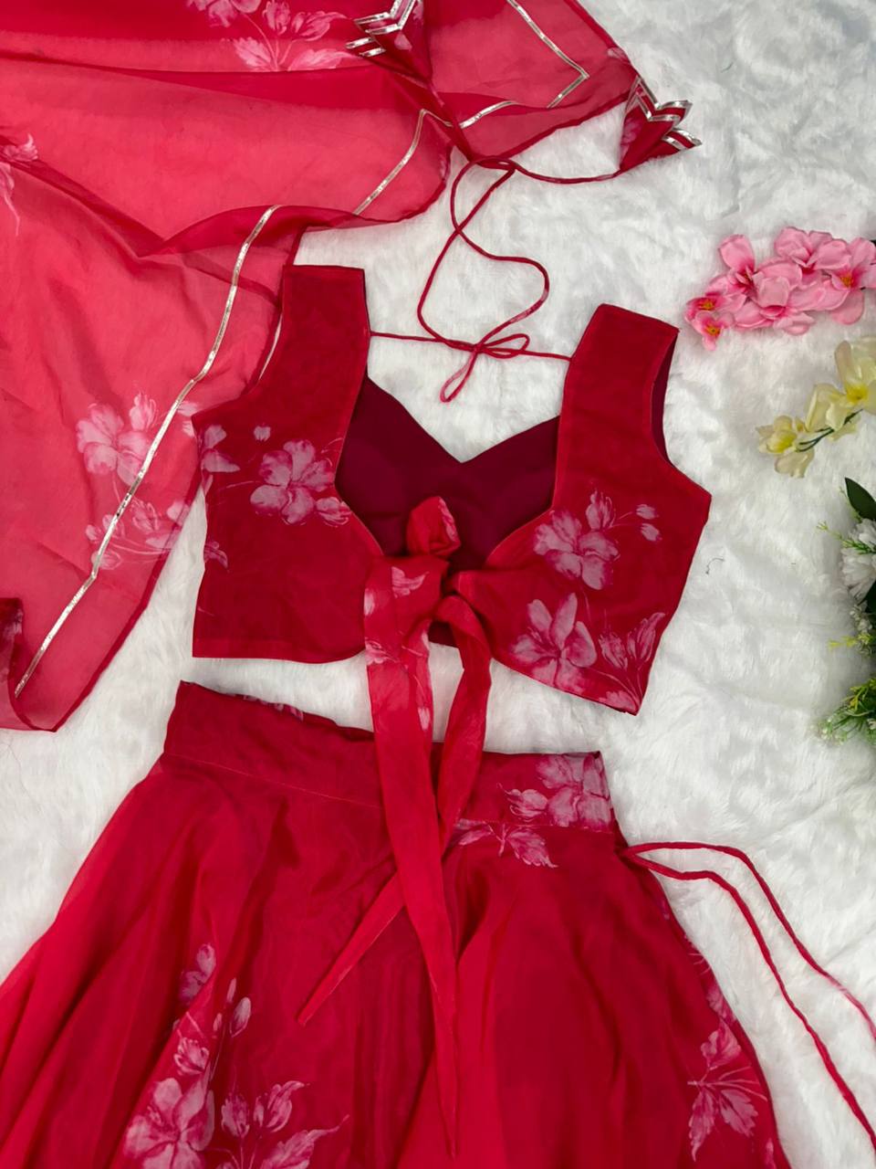 Stylish Floral Organza Silk Fully Stitched Lehenga Choli Set - Ethnicwish