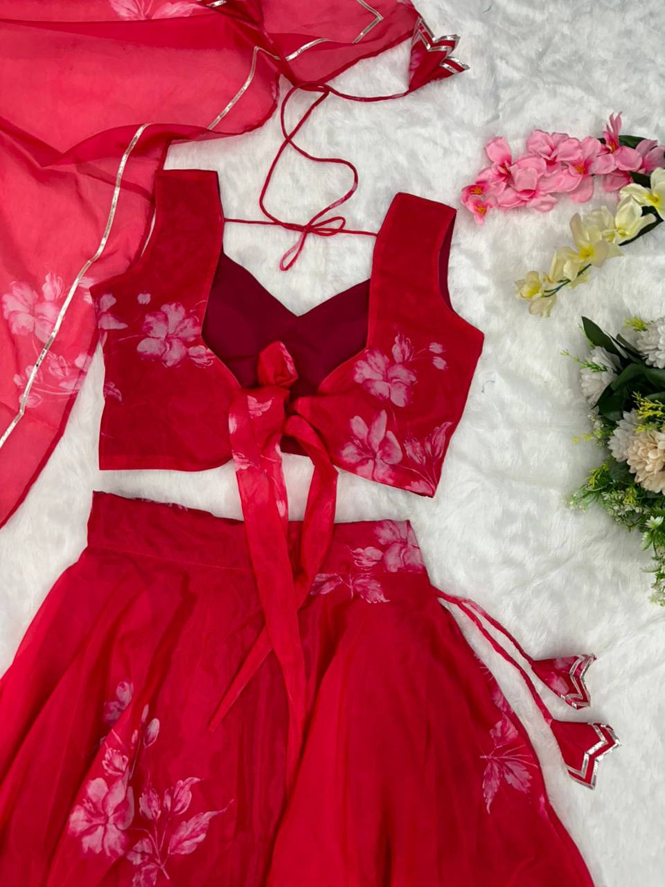 Stylish Floral Organza Silk Fully Stitched Lehenga Choli Set - Ethnicwish