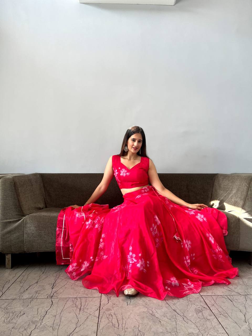 Stylish Floral Organza Silk Fully Stitched Lehenga Choli Set - Ethnicwish