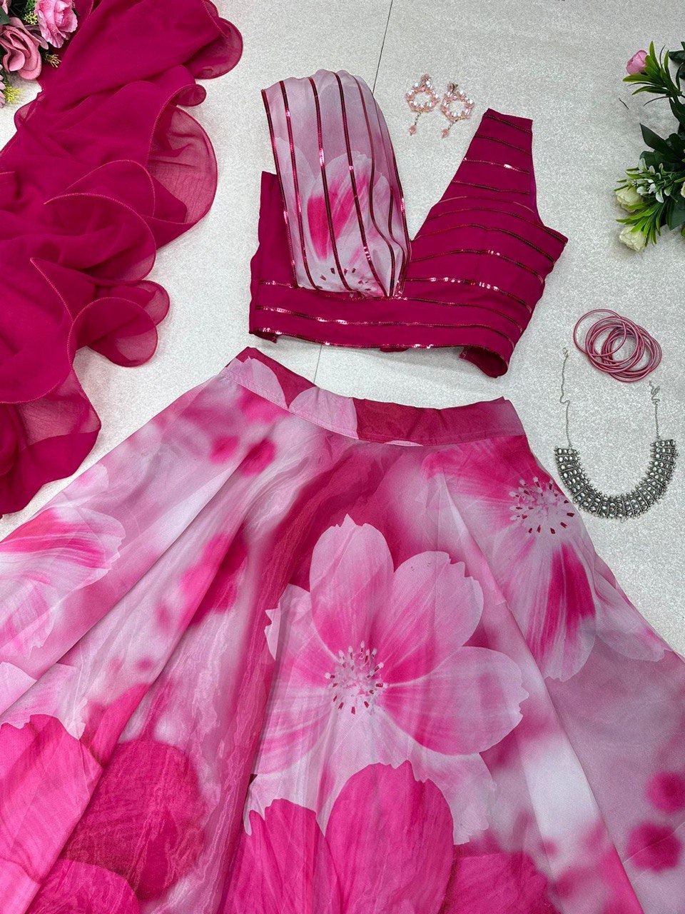 Fabulous Beautiful Flower Printed Organza Silk Lehenga Choli - Ethnicwish