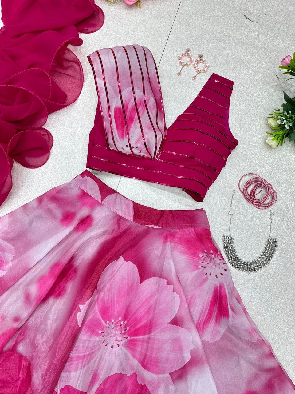 Fabulous Beautiful Flower Printed Organza Silk Lehenga Choli - Ethnicwish