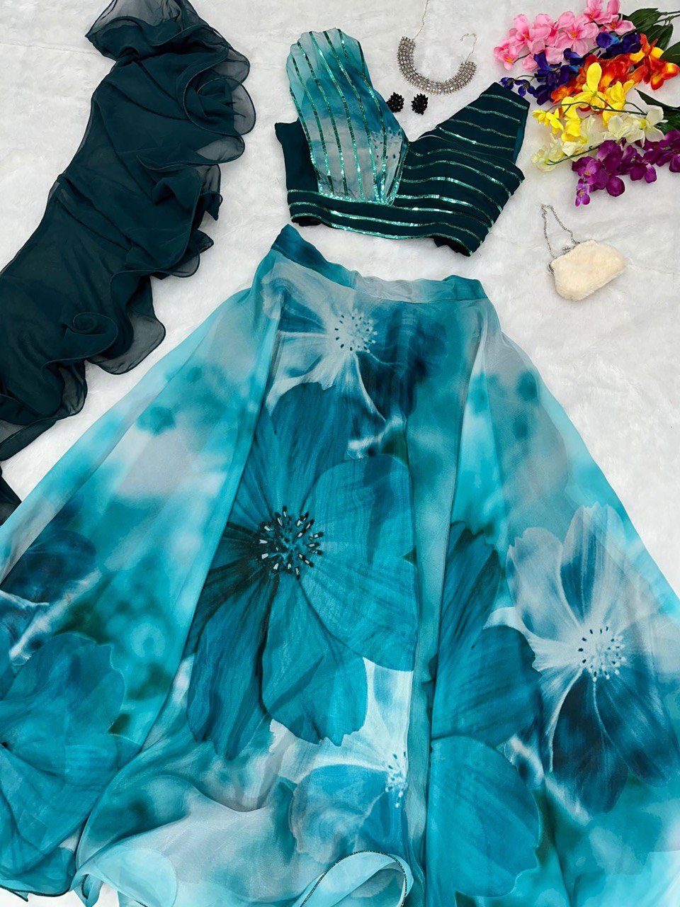 Fabulous Beautiful Flower Printed Organza Silk Lehenga Choli - Ethnicwish