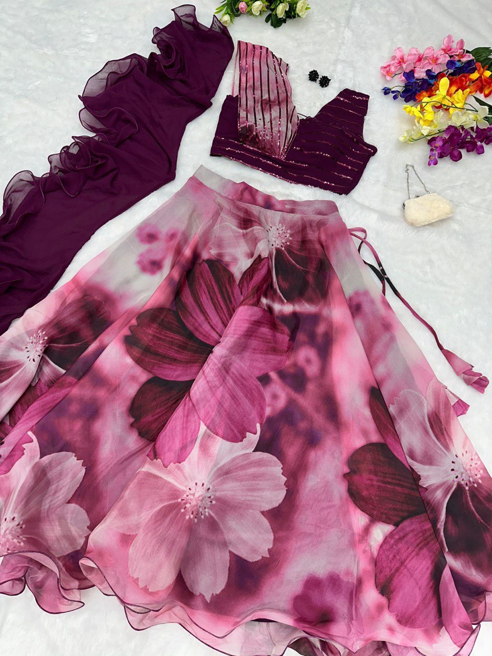 Fabulous Beautiful Flower Printed Organza Silk Lehenga Choli - Ethnicwish