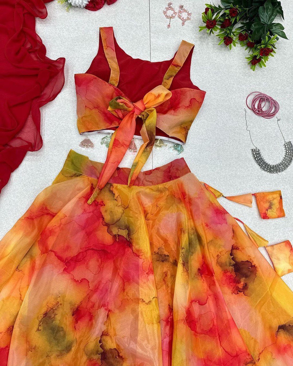 Winsome Yellow Organza Silk Floral Printed Stitched Lehenga Choli Set - Ethnicwish