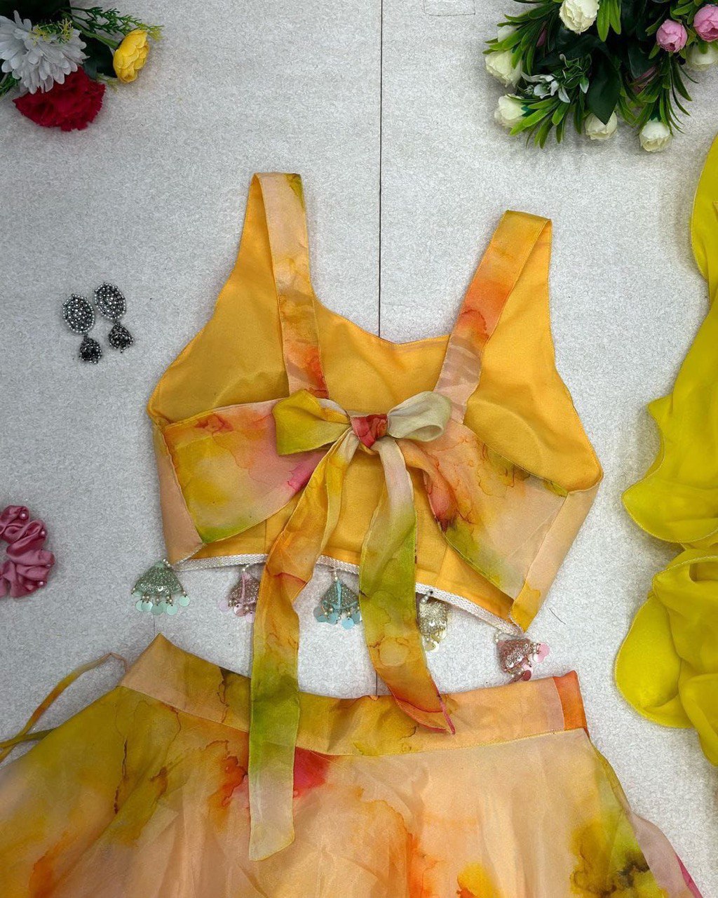 Winsome Yellow Organza Silk Floral Printed Stitched Lehenga Choli Set - Ethnicwish