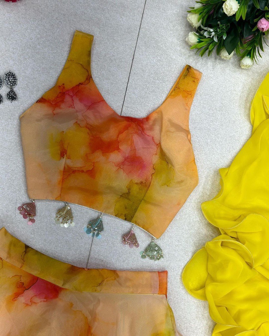 Winsome Yellow Organza Silk Floral Printed Stitched Lehenga Choli Set - Ethnicwish