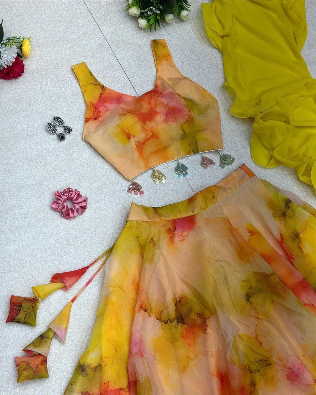 Winsome Yellow Organza Silk Floral Printed Stitched Lehenga Choli Set - Ethnicwish