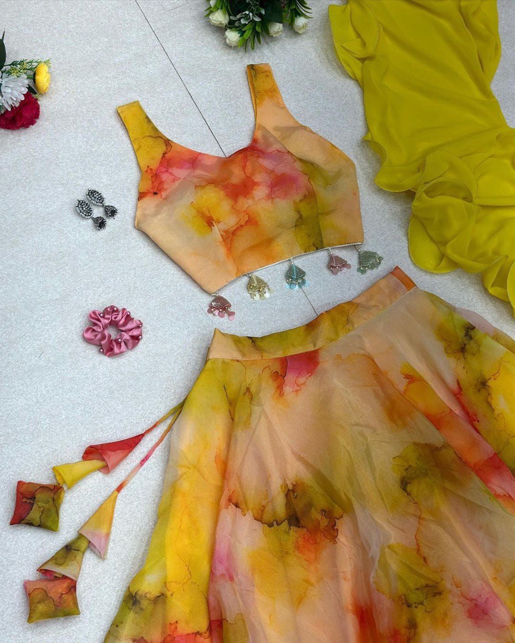 Winsome Yellow Organza Silk Floral Printed Stitched Lehenga Choli Set - Ethnicwish