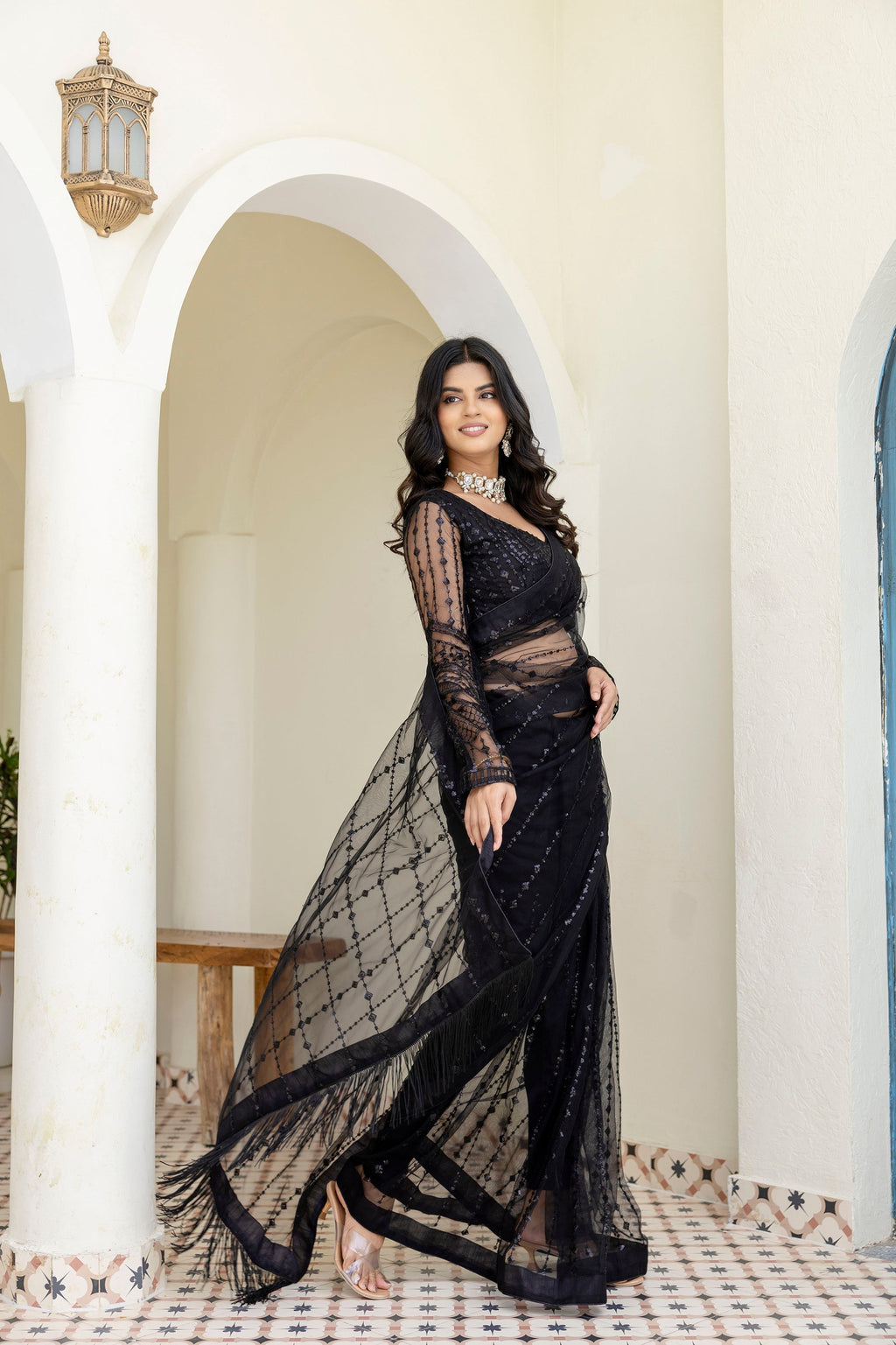 Black Soft Net Sequin Work Party Wear Saree with Full Sleeve Blouse - ETHNICDEAL