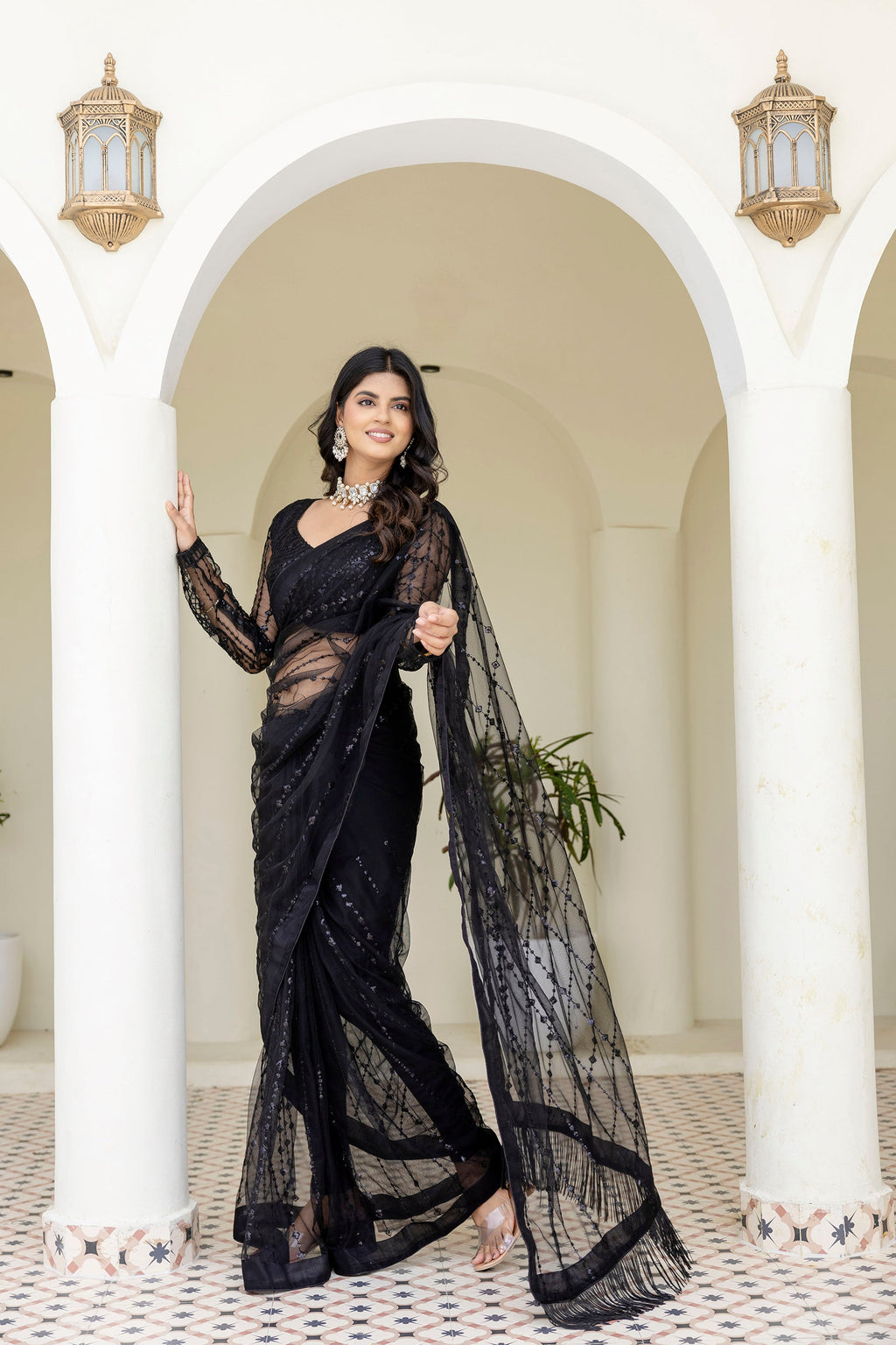 Black Soft Net Sequin Work Party Wear Saree with Full Sleeve Blouse - ETHNICDEAL