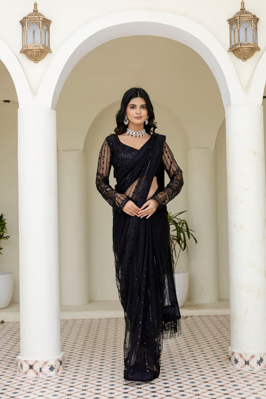 Black Soft Net Sequin Work Party Wear Saree with Full Sleeve Blouse - ETHNICDEAL
