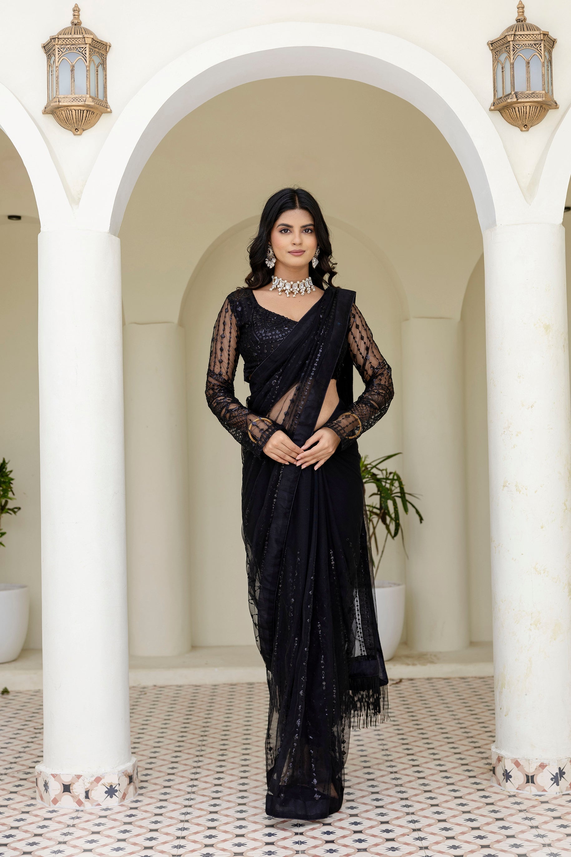 Black Soft Net Sequin Work Party Wear Saree with Full Sleeve Blouse - ETHNICDEAL
