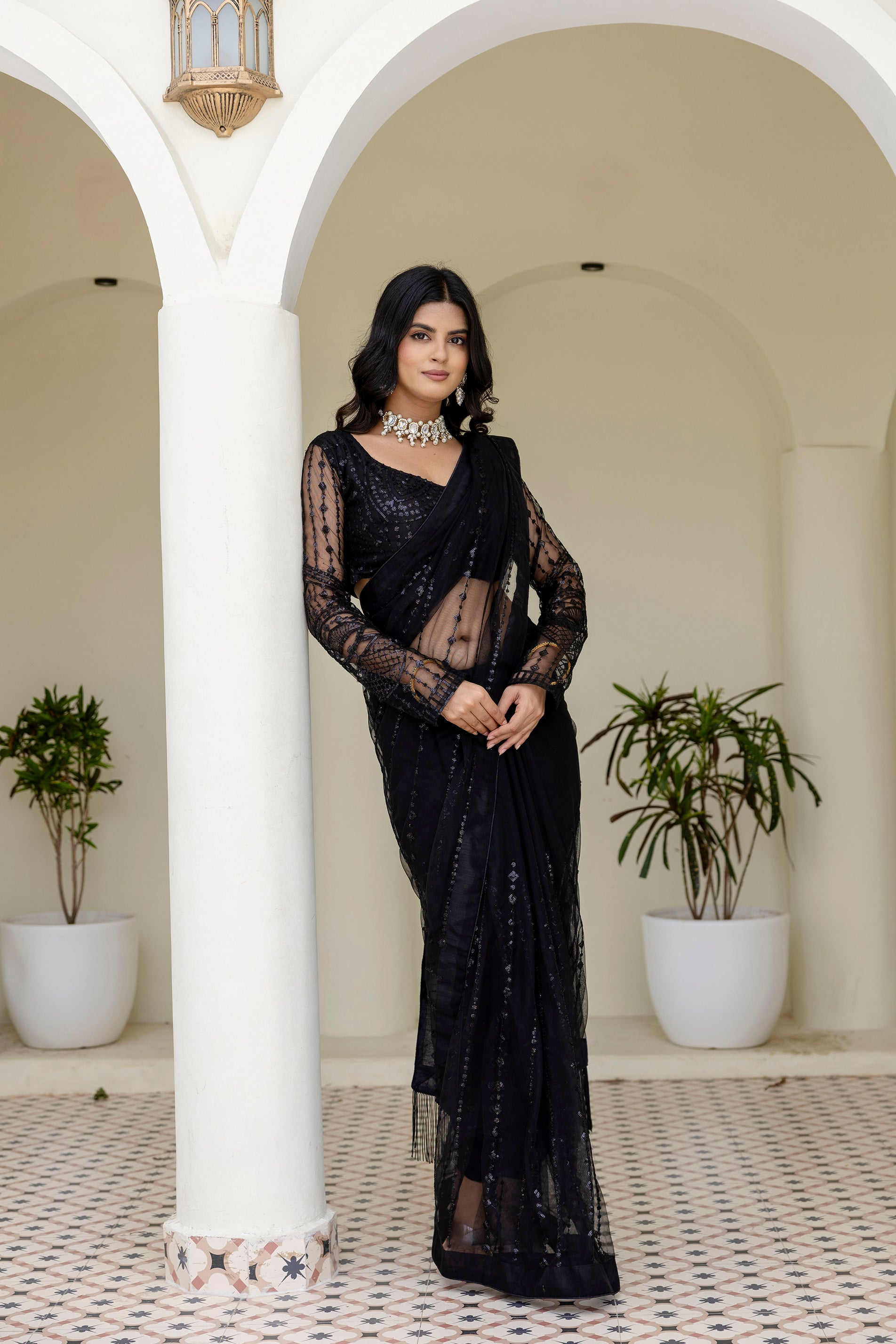 Black Soft Net Sequin Work Party Wear Saree with Full Sleeve Blouse - ETHNICDEAL