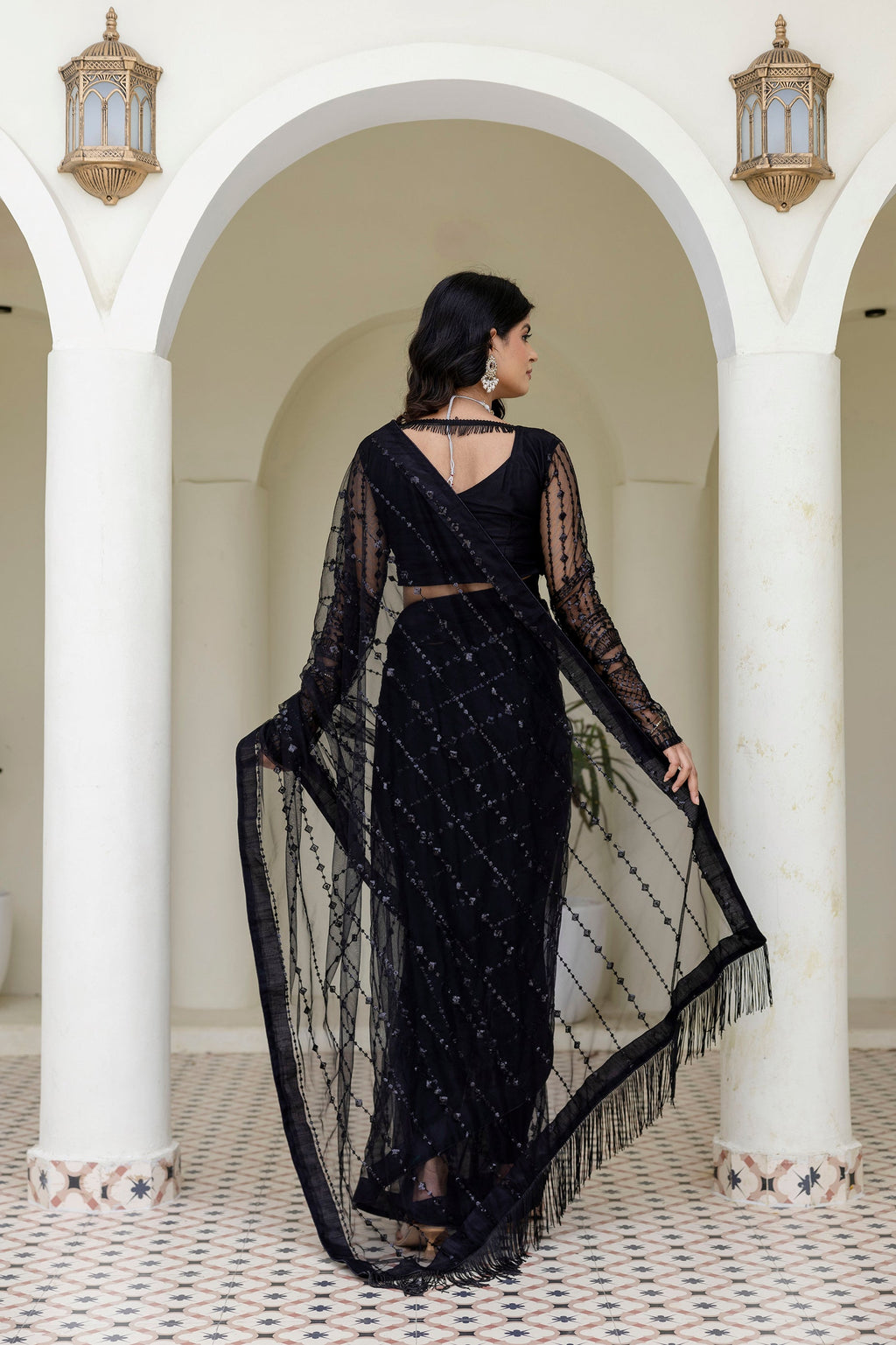 Black Soft Net Sequin Work Party Wear Saree with Full Sleeve Blouse - ETHNICDEAL