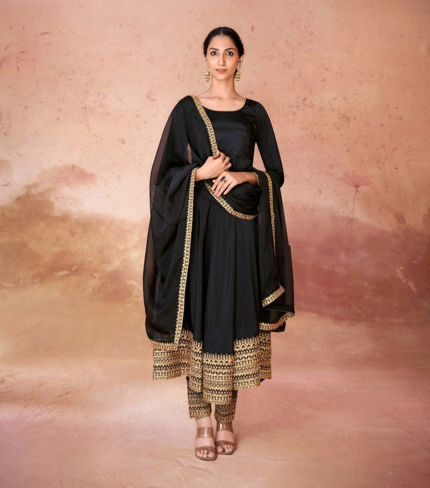 Black Chic Crepe Embroidered Anarkali Pant Suit - ETHNICDEAL