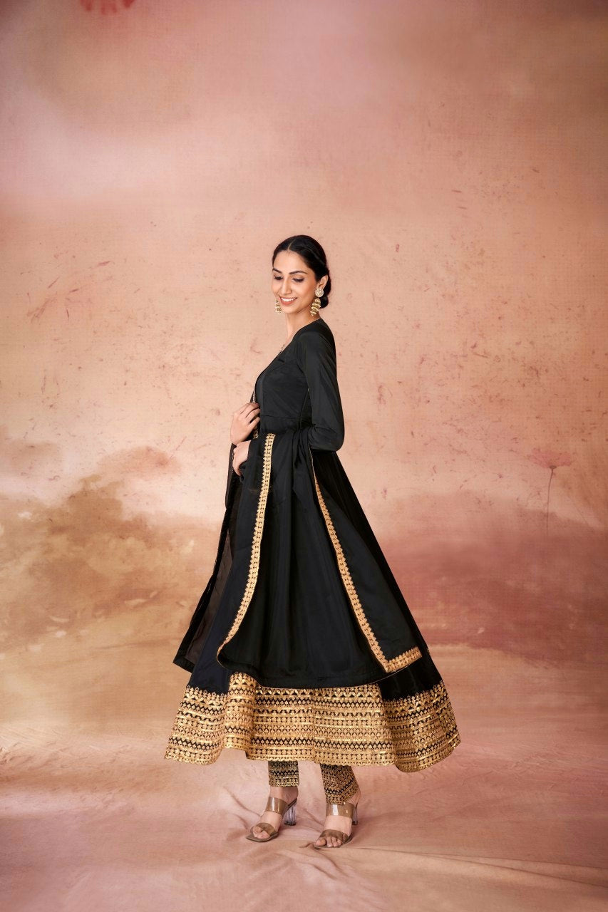 Black Chic Crepe Embroidered Anarkali Pant Suit - ETHNICDEAL