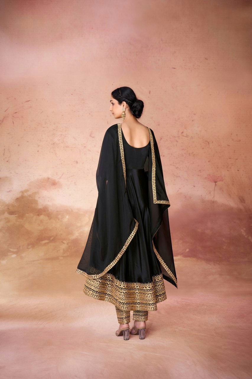 Black Chic Crepe Embroidered Anarkali Pant Suit - ETHNICDEAL