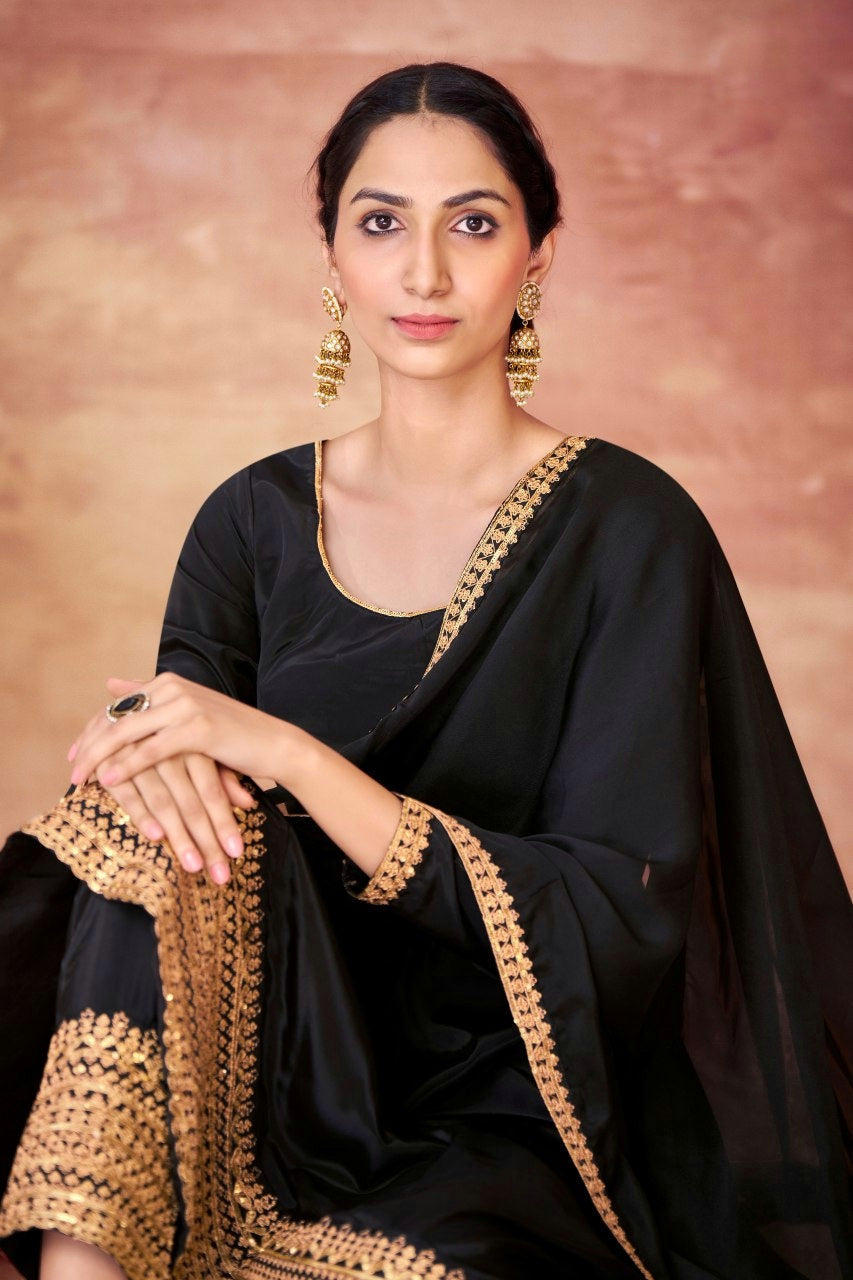 Black Chic Crepe Embroidered Anarkali Pant Suit - ETHNICDEAL