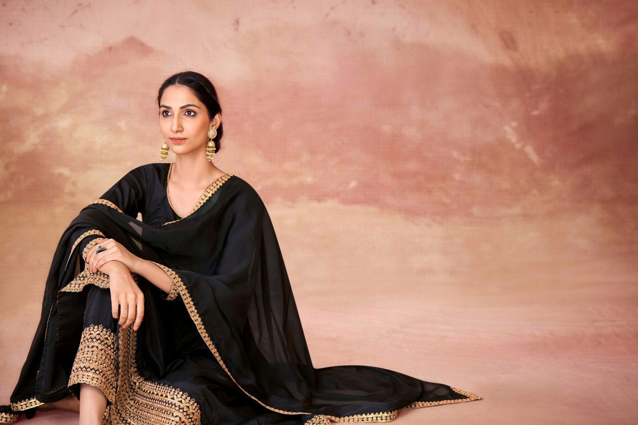 Black Chic Crepe Embroidered Anarkali Pant Suit - ETHNICDEAL
