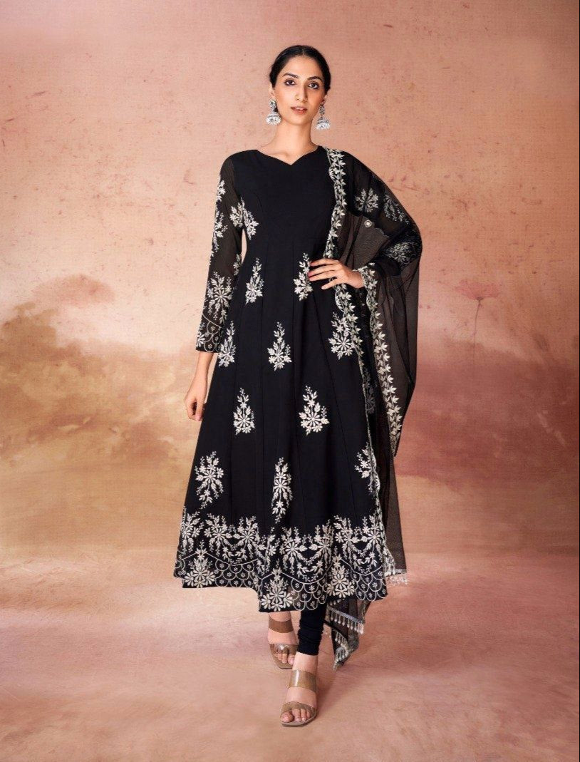Black Elegant Georgette Embroidered Anarkali Pant Suit - ETHNICDEAL