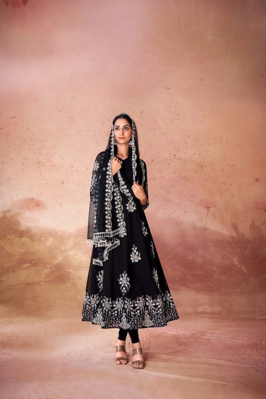 Black Elegant Georgette Embroidered Anarkali Pant Suit - ETHNICDEAL