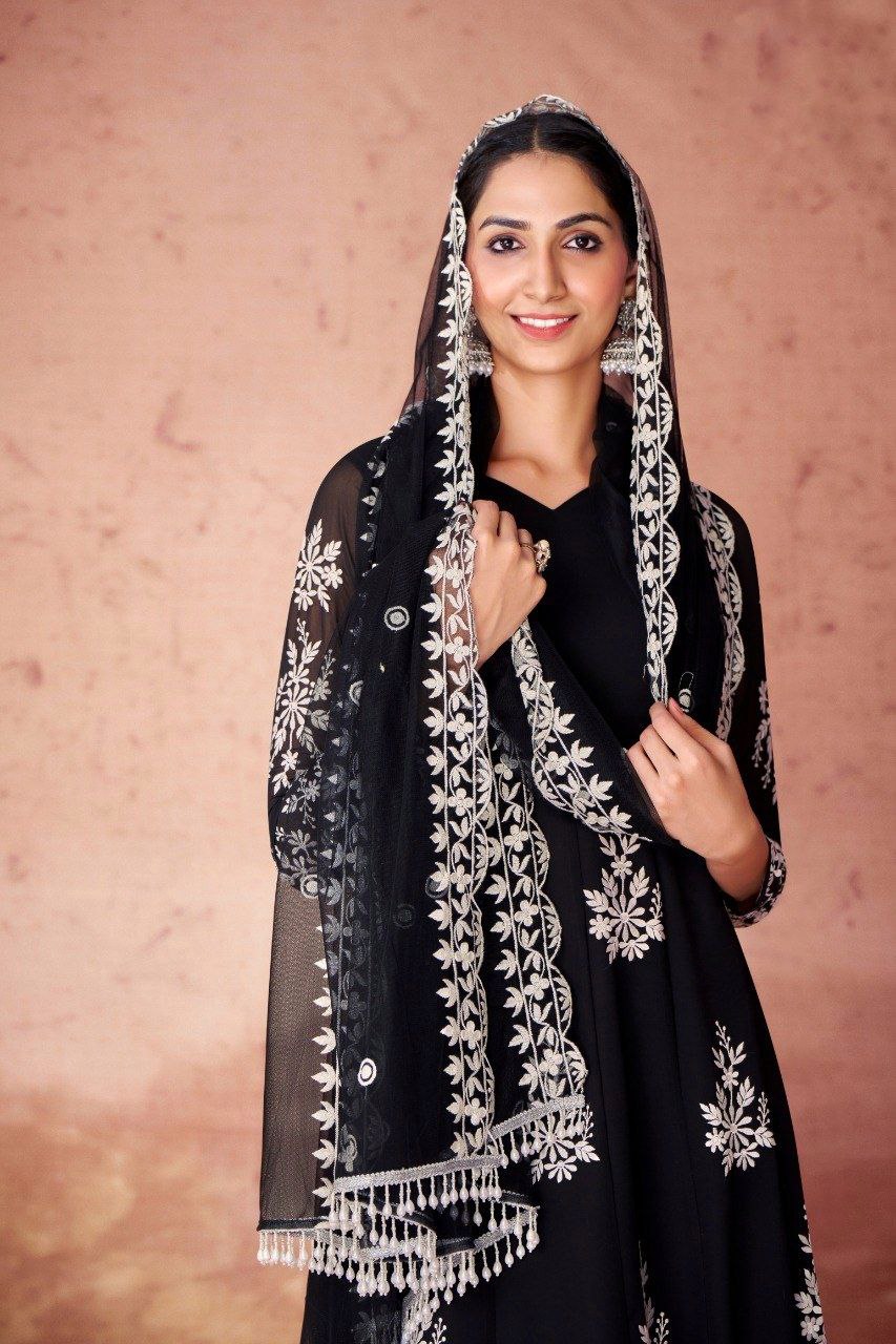 Black Elegant Georgette Embroidered Anarkali Pant Suit - ETHNICDEAL