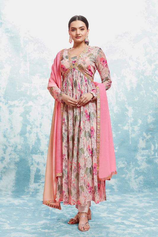 Elegant Floral Printed Georgette Anarkali Pant Suit - ETHNICDEAL