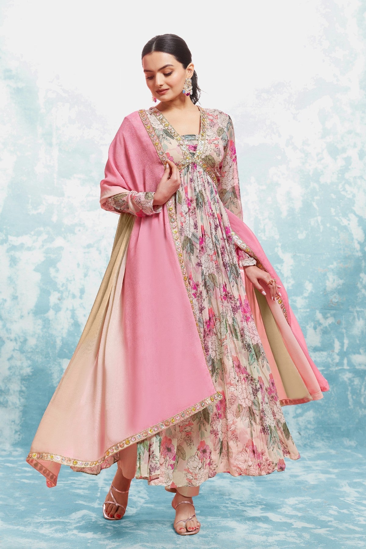 Elegant Floral Printed Georgette Anarkali Pant Suit - ETHNICDEAL