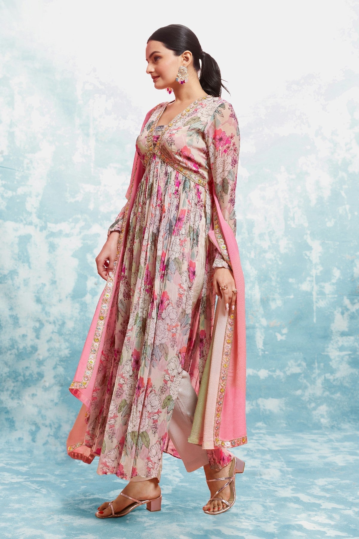 Elegant Floral Printed Georgette Anarkali Pant Suit - ETHNICDEAL