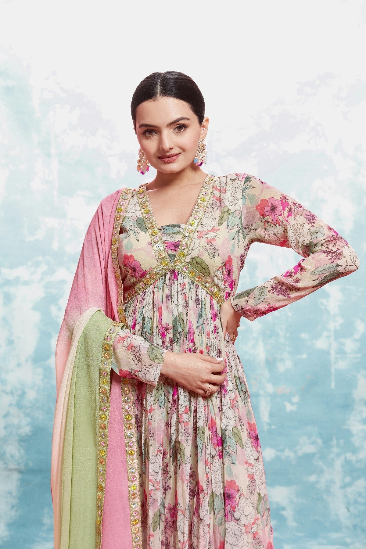 Elegant Floral Printed Georgette Anarkali Pant Suit - ETHNICDEAL