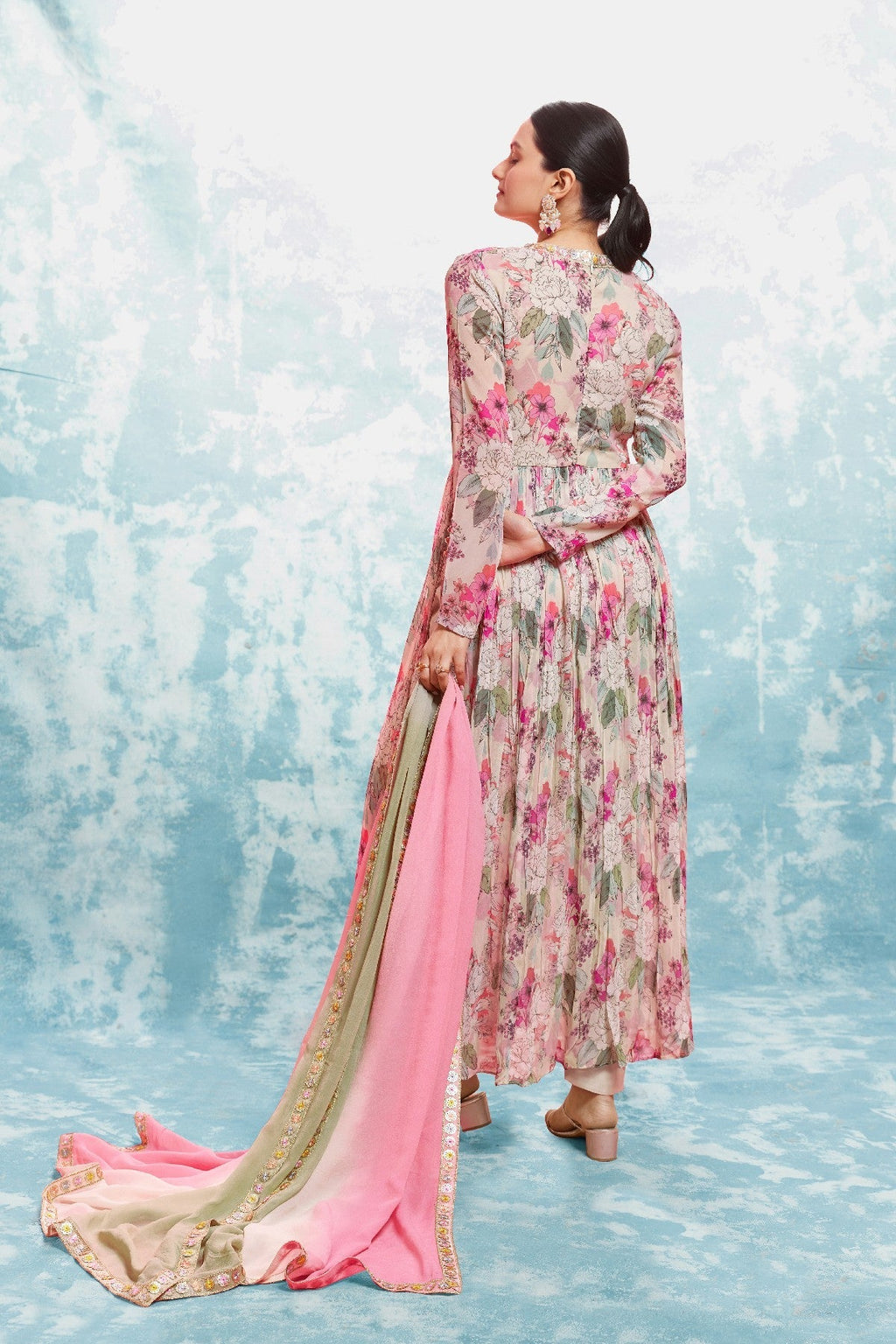 Elegant Floral Printed Georgette Anarkali Pant Suit - ETHNICDEAL