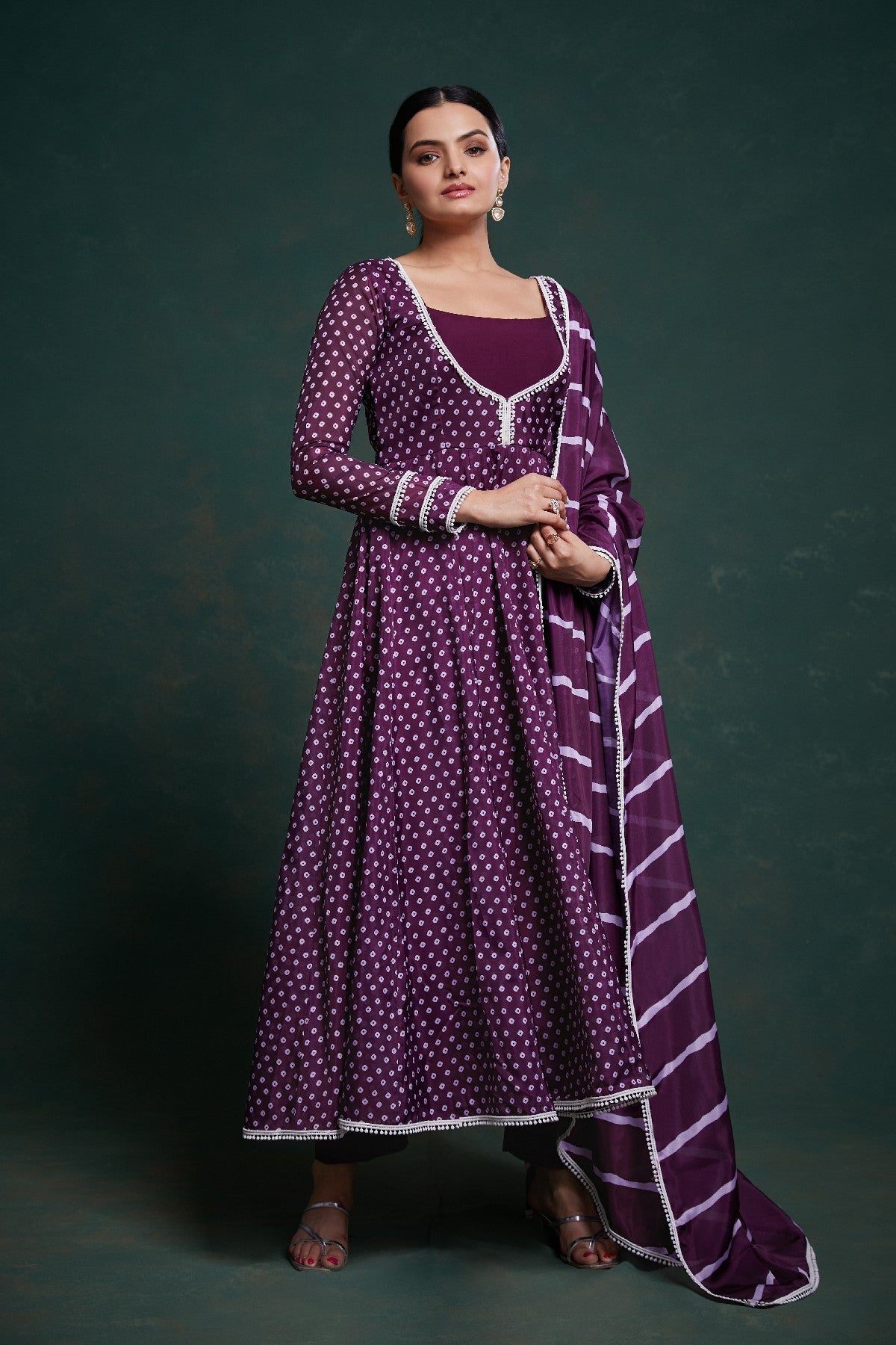Elegant Purple Crepe Digital Printed Anarkali Pant Suit - ETHNICDEAL