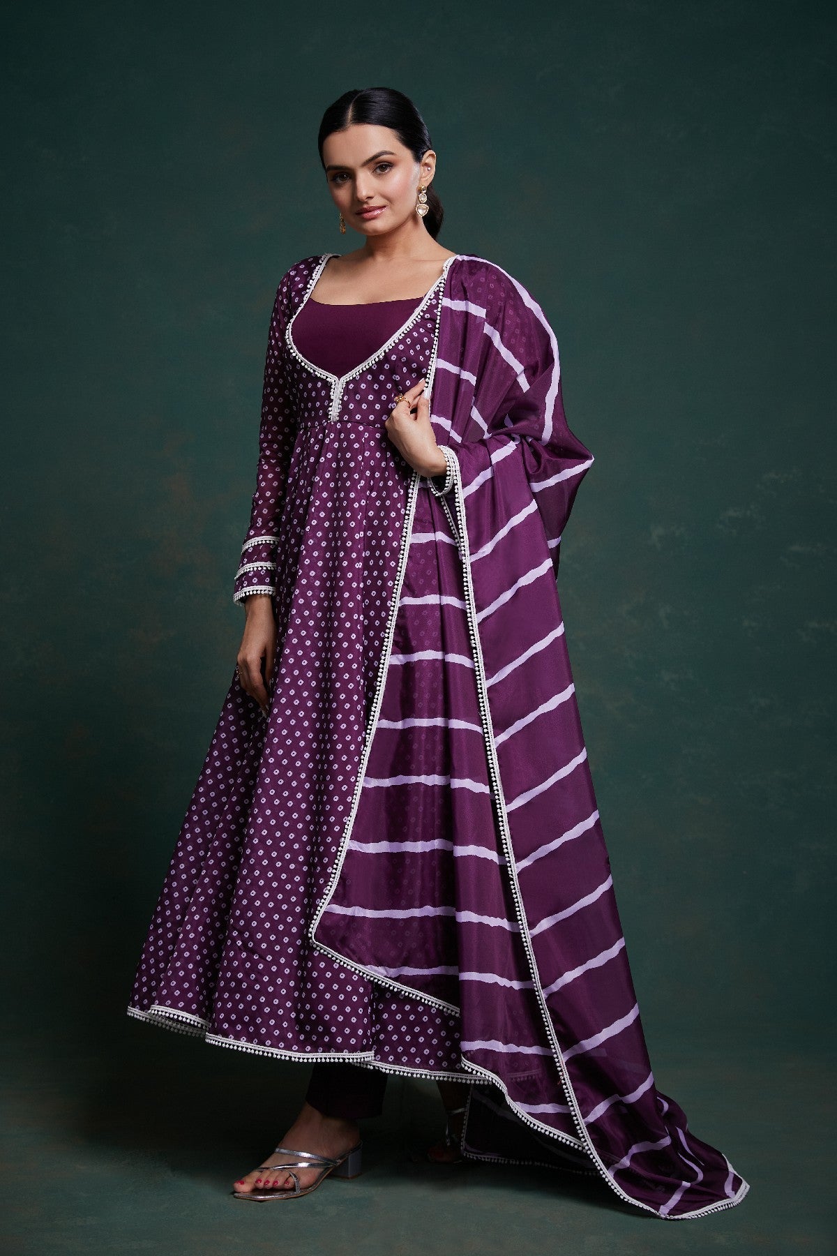 Elegant Purple Crepe Digital Printed Anarkali Pant Suit - ETHNICDEAL