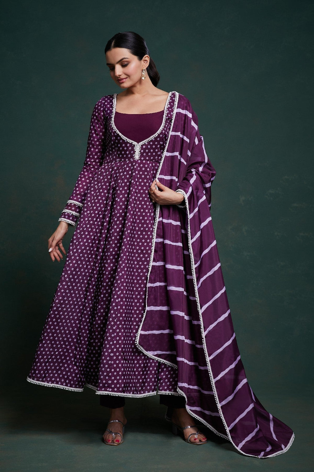 Elegant Purple Crepe Digital Printed Anarkali Pant Suit - ETHNICDEAL