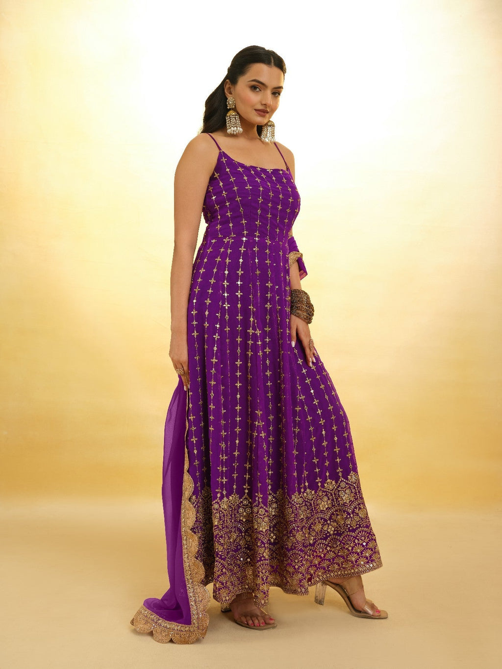 Elegant Wine Georgette Embroidered Anarkali Pant Suit - ETHNICDEAL